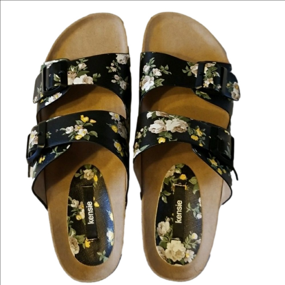 𝅺Kensie Floral Buckled Slip On Wedge Sandals Wenda Model Compare to Birkenstock